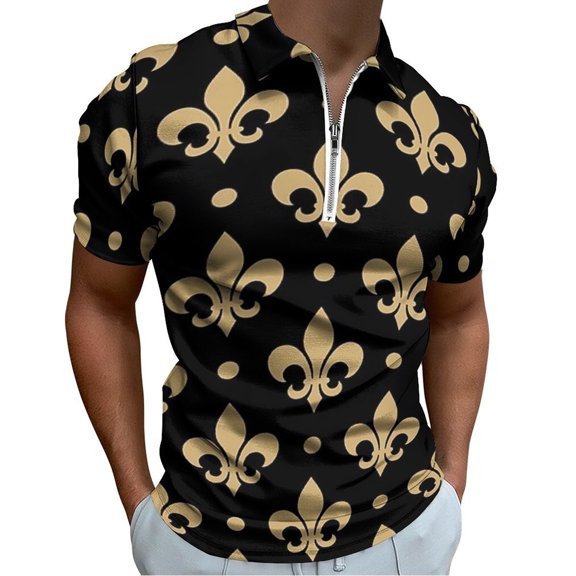 Gold & Black Fleur De Lis Men Zipper T-shirt Summer Casual Short Sleeve T-shirt Top