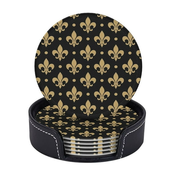 Gold & Black Fleur De Lis - Saints Fans Louisiana Coasters With Leather Holder Set Of 6 Round Coasters for Home and Kitchen Decor