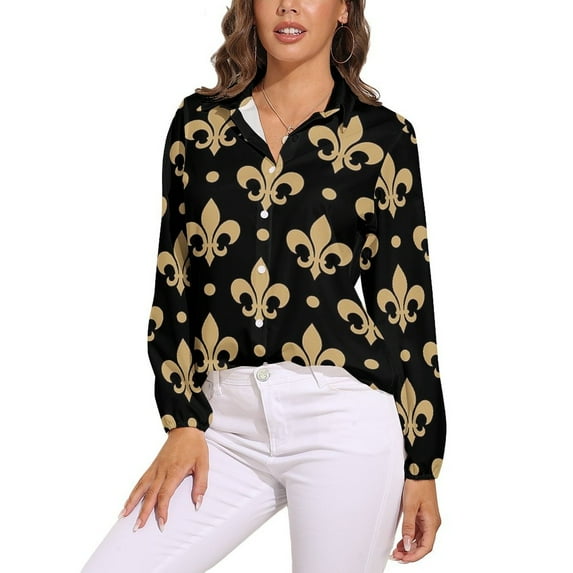 Gold & Black Fleur De Lis - Saints Fans Louisiana Long Sleeve Blouse Woman Streetwear Casual Shirts Summer Oversize Woman Streetwear Clothing Birthday Present
