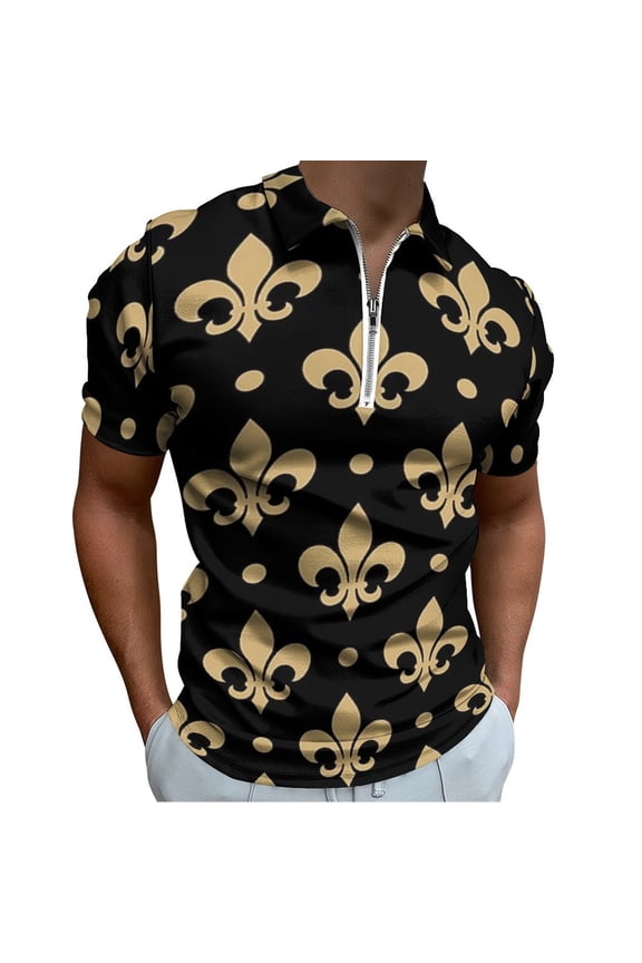 Gold & Black Fleur De Lis - Saints Fans Louisiana Men Zipper T-shirt Summer Casual Short Sleeve T-shirt Top