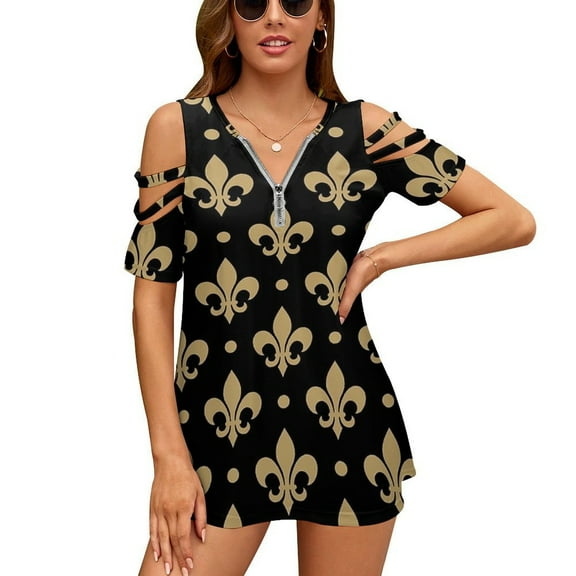 Gold & Black Fleur De Lis Womens Summer V Neck Zipper Top Short Sleeve T Shirt Off Shoulder Top Casual Classy Loose Shirts