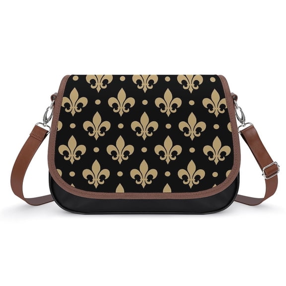 Gold & Black Fleur De Lis Vintage Crossbody Bag for Women Medium Leather Hobo Bags Shoulder Bag Classic City Leather Satchels