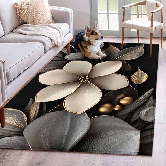 Gold Black Flower Area Rug 4x6 Washable Rug Non Slip Blossoming Botanical Prints Leaf Large Area Rug Indoor Floor Carpet for Entryway Bedroom Kitchen Living Room Home Office Dining Room Nursery