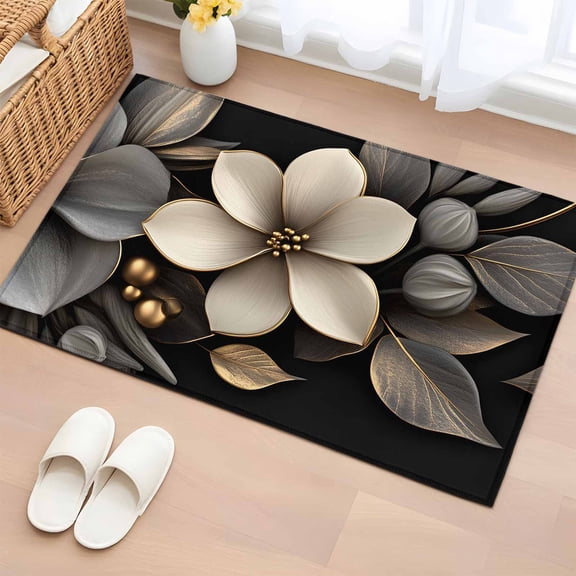Gold Black Flower Bathroom Mats 2x3 FT, Non Slip Small Kitchen Mat, Blossoming Botanical Prints Leaf Washable Soft Backed Front Door Throw Rugs Non-Shedding Indoor Outdoor Doormat for Entryway Sink