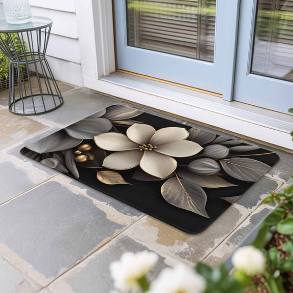 Gold Black Flower Door Mat Indoor Outdoor, Blossoming Botanical Prints Leaf Non Slip Welcome Mat with Rubber Backing, Absorbent Fabric Front Door Mats Entryway Rug for Home Patio Entrance 16"x24"