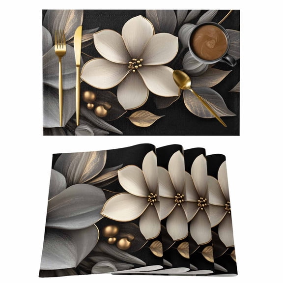 Gold Black Flower Placemats Set of 6 Blossoming Botanical Prints Leaf Place Mats Indoor Wipeable Table Mats Washable Cloth Dining Table Placemats for Kitchen Holiday Party Home Decor 13x19 Inch