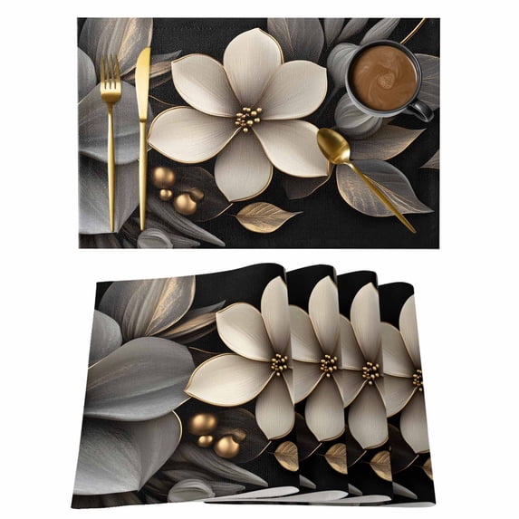 Gold Black Flower Placemats Set of 8 Blossoming Botanical Prints Leaf Place Mats Indoor Wipeable Table Mats Washable Cloth Dining Table Placemats for Kitchen Holiday Party Home Decor 13x19 Inch