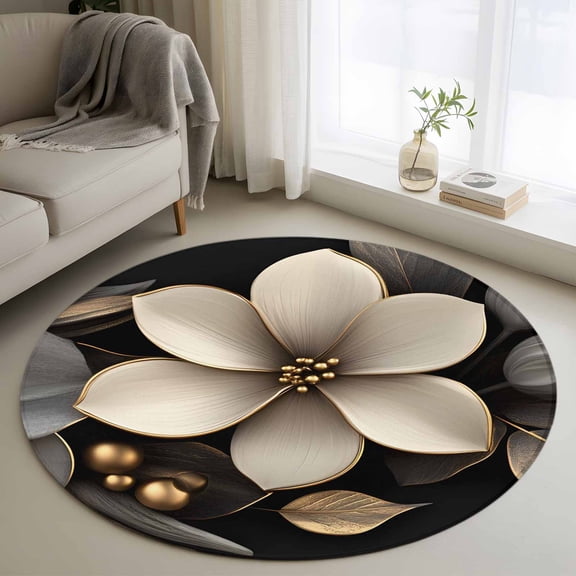 Gold Black Flower Round Rug 3ft Washable Circle Entryway Rugs Non Slip Blossoming Botanical Prints Leaf Area Rug Indoor Floor Carpet for Bedroom Kitchen Living Room Home Office Dining Room Nursery