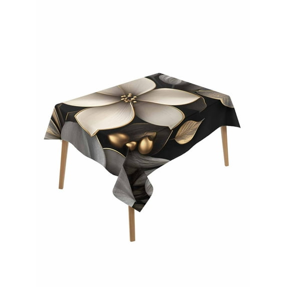 Gold Black Flower Table Cloth, Blossoming Botanical Prints Leaf Waterproof Tablecloth for Rectangle Tables, Reusable Washable Fabric Table Cover for Restaurant Kitchen Dining Tables 60"x84"