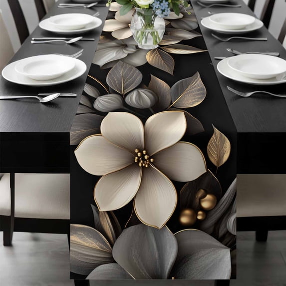 Gold Black Flower Table Runner 70 Inches Long, Blossoming Botanical Prints Leaf Kitchen Coffee Dining Table Decoration for Home Party Birthday Wedding Home Decor 13x70 Inches