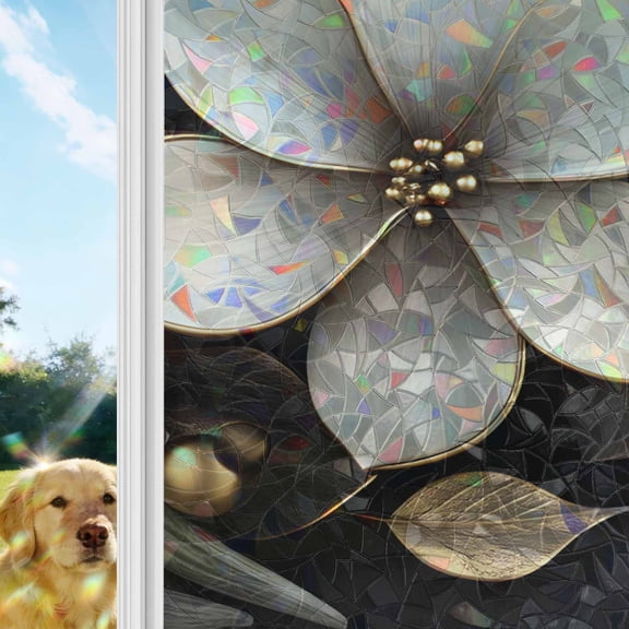 Gold Black Flower Window Privacy Film Stain Glass,Reusable Decorative Rainbow Window Film,Blossoming Botanical Prints Leaf Static Cling Sun Blocking Stickers Decals Covers 29.5" x 78.7" (2pcs)