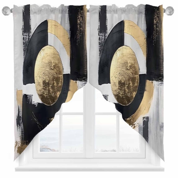 Gold Black Geometric Swag Curtain Valance for Windows, Watercolor Retro Window Treatments Short Swag Topper for Kitchen Windows Bathroom Bedroom, 36"x45"
