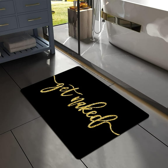 Gold Black "Get Naked" Bath Mat Absorbent NonSlip Bathroom Rugs Thin Fit Under Door Perfect for Bathtub, Shower Room, Sink Add Elegance and Humor to Your Bathroom Decor