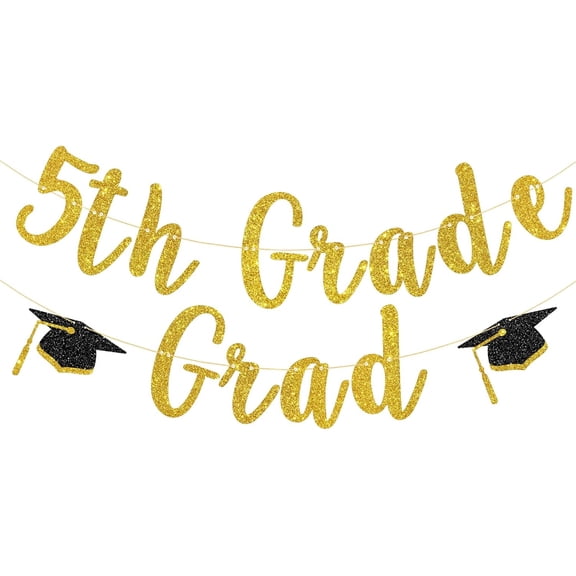 Gold Black Glitter 5th Grade Grad Banner with Graduation Cap Cutouts, Elementary School Graduation Party Supplies
