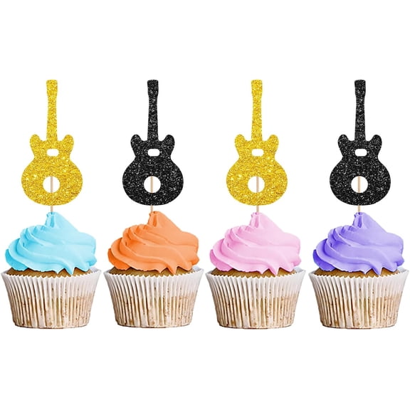 Gold & Black Glitter Electric Guitar Cupcake Toppers, 12 Pack Rock Music Theme Cupcake Picks, Musician Birthday Rock and Roll Party Cake Decor Supplies