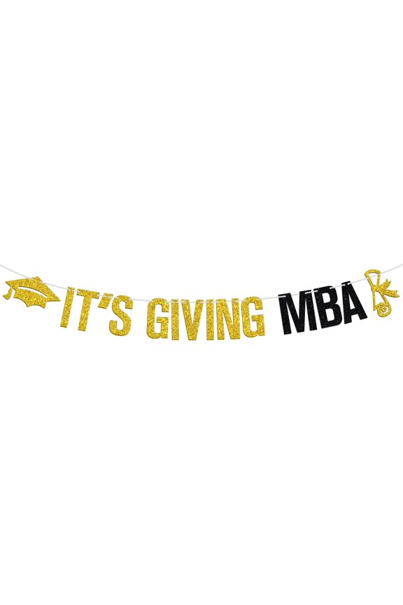 Gold & Black Glitter It's Giving MBA Banner with Grad Cap & Diploma Cutouts, MBA Graduation Party Decorations