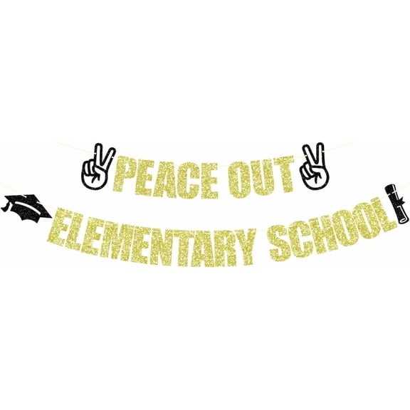 Gold and Black Glitter "Peace Out Elementary School" Banner with Peace Sign, Graduation Cap and Diploma Decorations, Elementary School Graduation Party Supplies