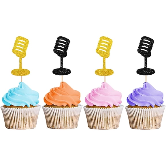 Gold & Black Glitter Retro Microphone Cupcake Toppers, 12 Pack Karaoke Singing Music Theme Cupcake Picks, Singer Birthday Party Dessert Decor