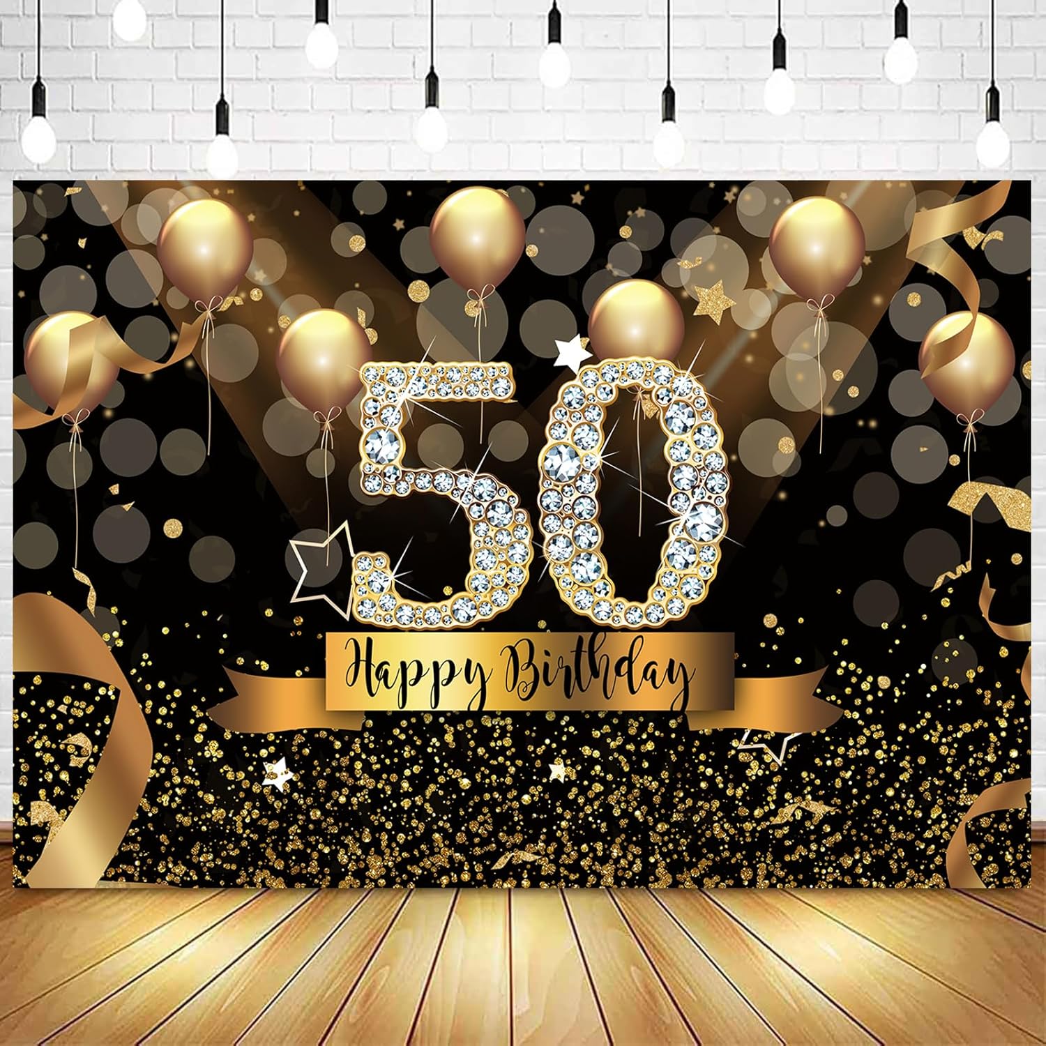 Gold Black Happy 50th Birthday Backdrop Glitter Golden Balloons Sequins ...