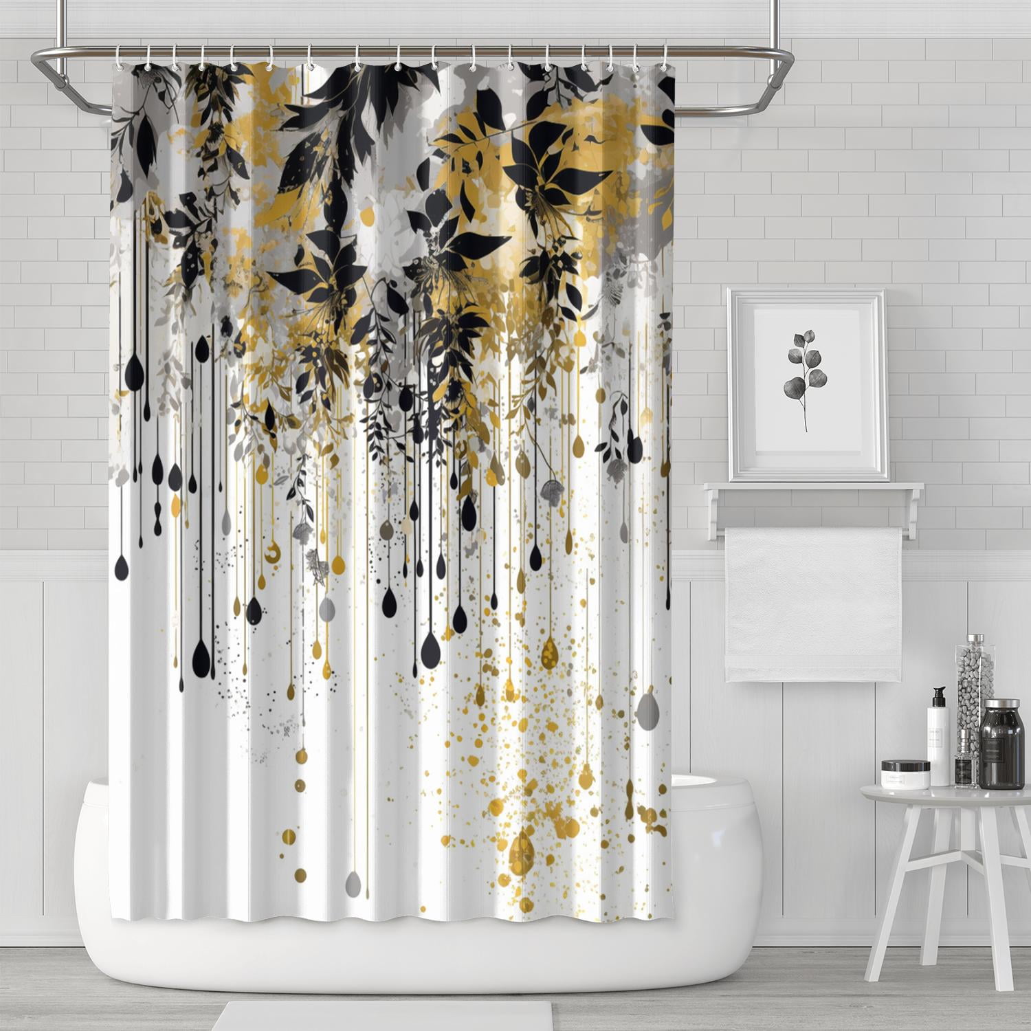 Gold and Black Leaves Floral Shower Curtains for Bathroom All