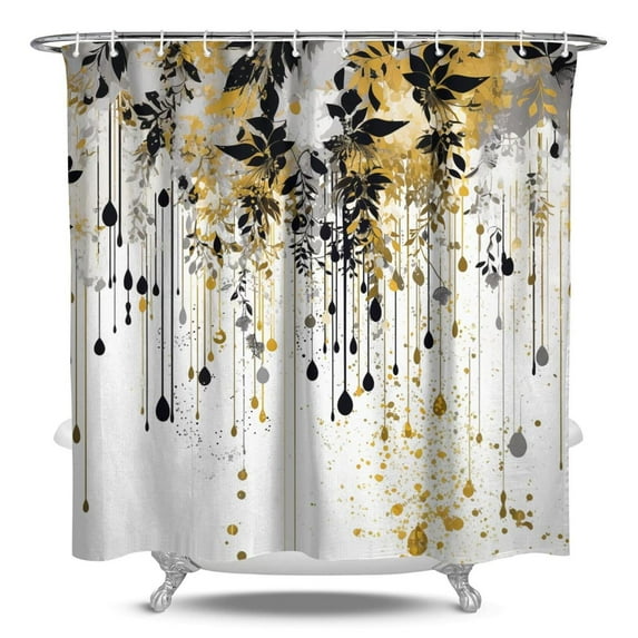 Gold and Black Leaves Floral Shower Curtains for Bathroom All Seasons Country Bathroom Shower Curtain Sets Waterproof Fabric Decor 84×72in with 12 Hooks