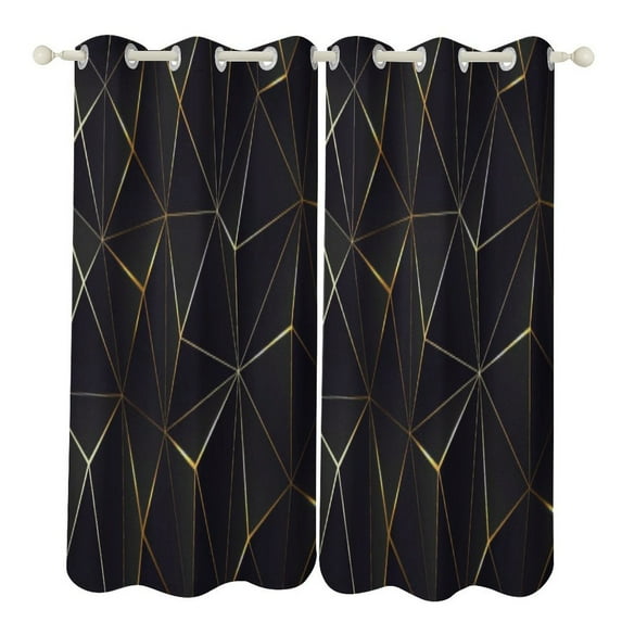 Gold Black Line Abstract Geometric 3D Pattern 2 Panels Blackout Curtains for Bedroom Living Room Drapes Kitchen Room Window Blackout Curtain Grommet