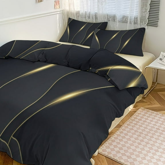 Gold Black Line Abstract Geometric 3D Pattern Duvet Cover Set Bedding Set Polyester Quilt Cover for Bedroom Decoration