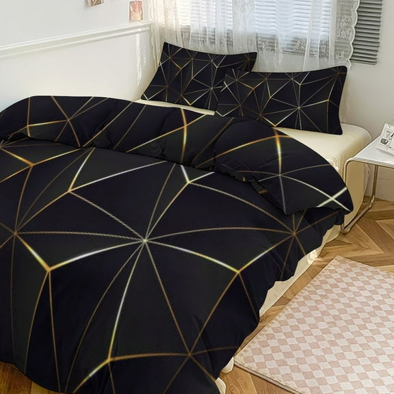 Gold Black Line Abstract Geometric 3D Pattern Duvet Cover Set Bedding Set Polyester Quilt Cover for Bedroom Decoration