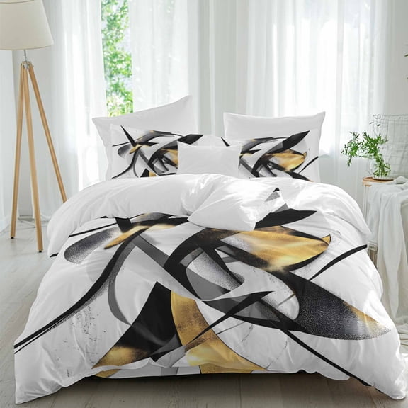 Gold Black Line Queen Duvet Cover Set, Abstract Metallic Texture 4 Piece Microfiber Bedding Set with Zipper Closure, Bed Sheet and 2 Pillow Shams, Soft Bedding Cover