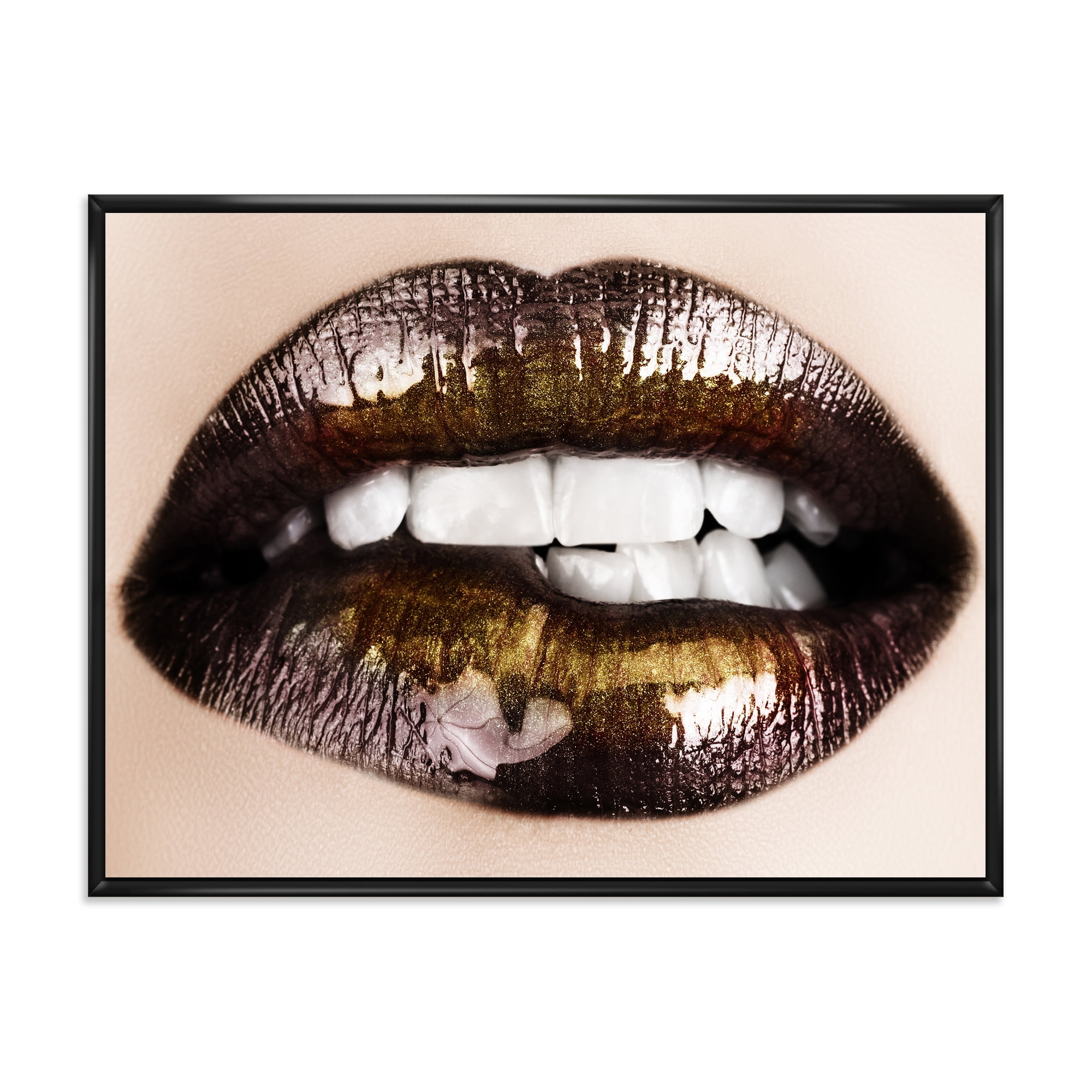 Gold Black Lips Biting 40 in x 30 in Framed Photography Canvas Art Print, by Designart