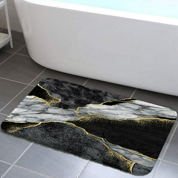 Gold Black Marble Bath Rugs for Bathroom, Black Grey Luxury Modern Abstract Bathroom Rug Bath Mat Set Floor Mats Doormat, 17X29in, Bathroom Accessories
