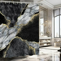Gold Black Marble Shower Curtain, Black Grey Luxury Modern Abstract Shower Curtain Set For Bathroom, Fabric Bath Curtain With Hooks 36"W x 72"L (Pack of 1)
