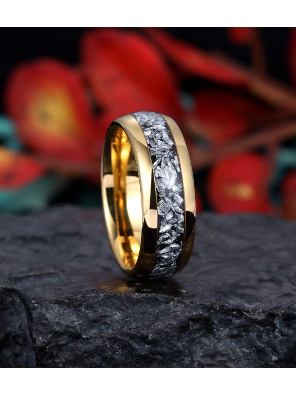 Gold Black Meteorites Rings for Him Black Meteorite Wedding Band, 8mm ring, Real Meteorite Ring Mens Wedding Band, Mens Ring