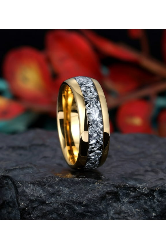 Gold Black Meteorites Rings for Him Black Meteorite Wedding Band, 8mm ring, Real Meteorite Ring Mens Wedding Band, Mens Ring