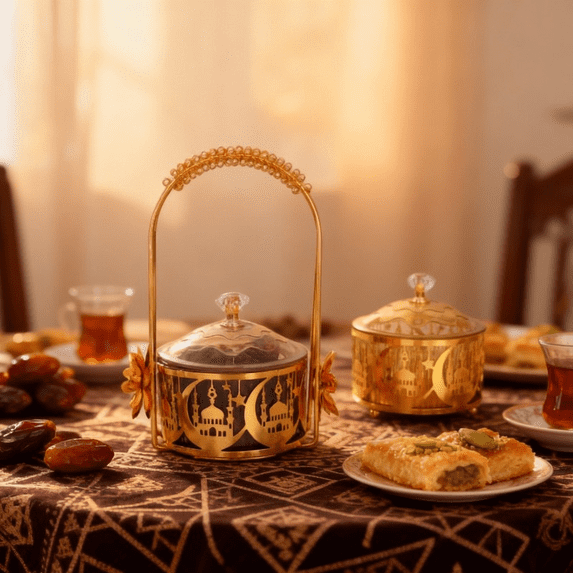 Gold & Black Middle Eastern Festival Snack Container, Electroplated Metal Candy Dish with Crystalline Top Bead, Exquisite Pattern Display Tray, Handheld Design, Luxurious Home Decor for Parties