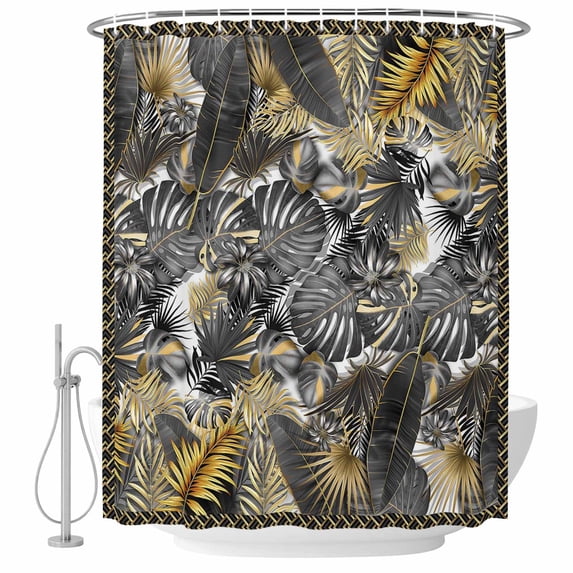 Gold Black Palm Leaves Fabric Shower Curtain Summer Tropical Washable Shower Curtains for Bathroom, Waterproof Bath Curtain with Hooks Home Decor 36x72in