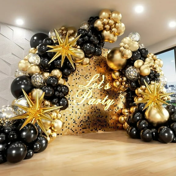 Gold & Black Party Balloon Bundle (132-Piece) Glitter Star + Metallic Confetti Christmas New Year Wedding Decorations Indoor/Outdoor Event Supplies