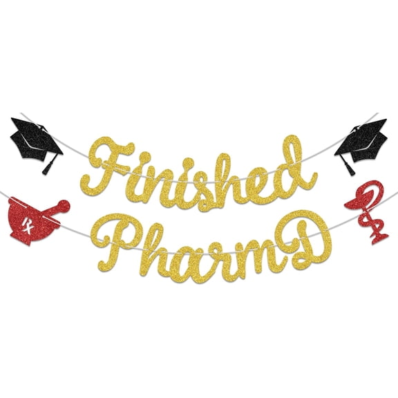 Gold Black Red Glitter Finished PharmD Banner with Grad Cap, Rx Mortar & Caduceus Cutouts, Pharmacy Graduation Party Decorations