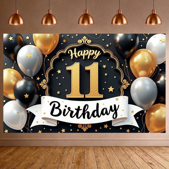 Gold Black Silver 11th Birthday Banner Star Decor Display Glittery Balloons Golden Number 11 11th Celebration Backdrop for 11th Birthday Party Indoor Party Photo Shoot