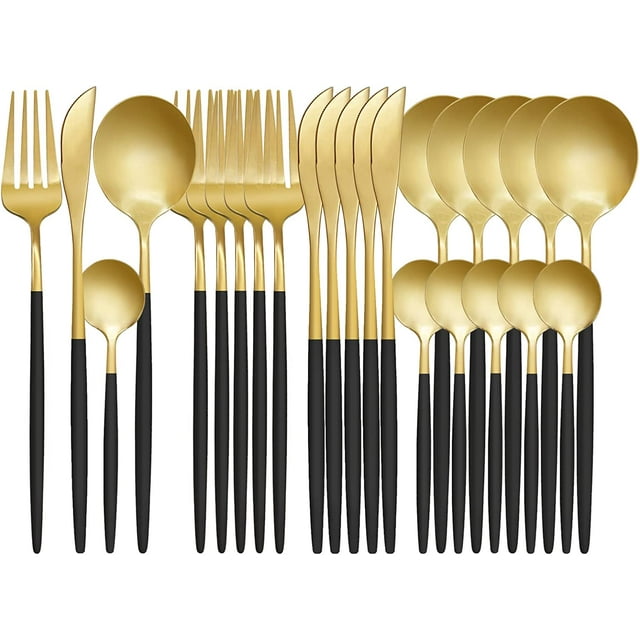 Gold Black Silverware Set 24 Piece Flatware Set for 6 Elegant