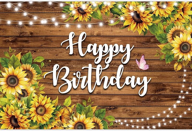 Gold Glitter Sunflower Round Happy Birthday Backdrop