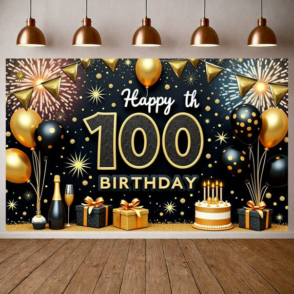 Gold Black Theme 100th Birthday Banner Luxury Style Centennial Display Golden Balloons Gift Box Decor Backdrop for 100th Birthday Party Centennial Celebration Photo Shoot Backdrop