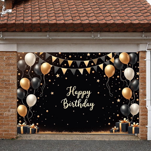 Gold Black Theme Banner Star Decorations Party Backdrop Gift Boxes Golden Ribbons Celebration Background for Birthday Party Indoor Decoration Photo Shoot