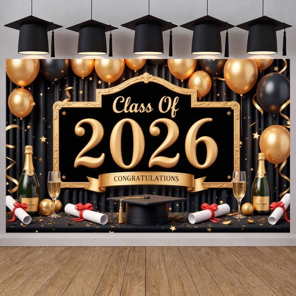 Gold Black Theme Class of 2026 Banner Elegant Design Graduation Display Graduation Cap Diploma Scroll Congratulation Backdrop for Graduation Ceremony Senior Party Grad Photo Shoot