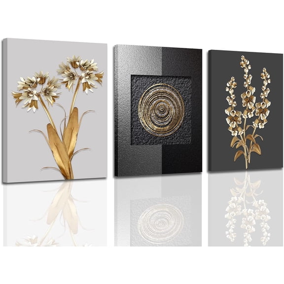 Gold Black and White Abstract Wall Art Gold Leaf White Flower Grey Black Boho Geometry Pictures Canvas Prints for Bedroom Bathroom Office Poster 12"x16"x3 Pcs