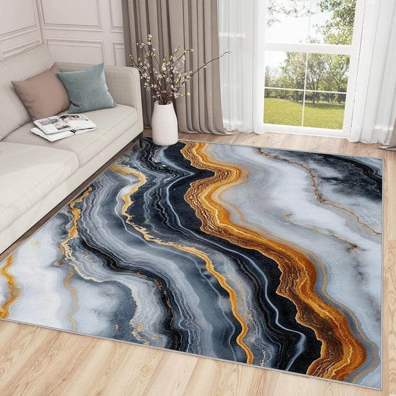 White Ruga Gold Black White Marble Area Rugs, Abstract Luxury Art Carpet, Washable ...