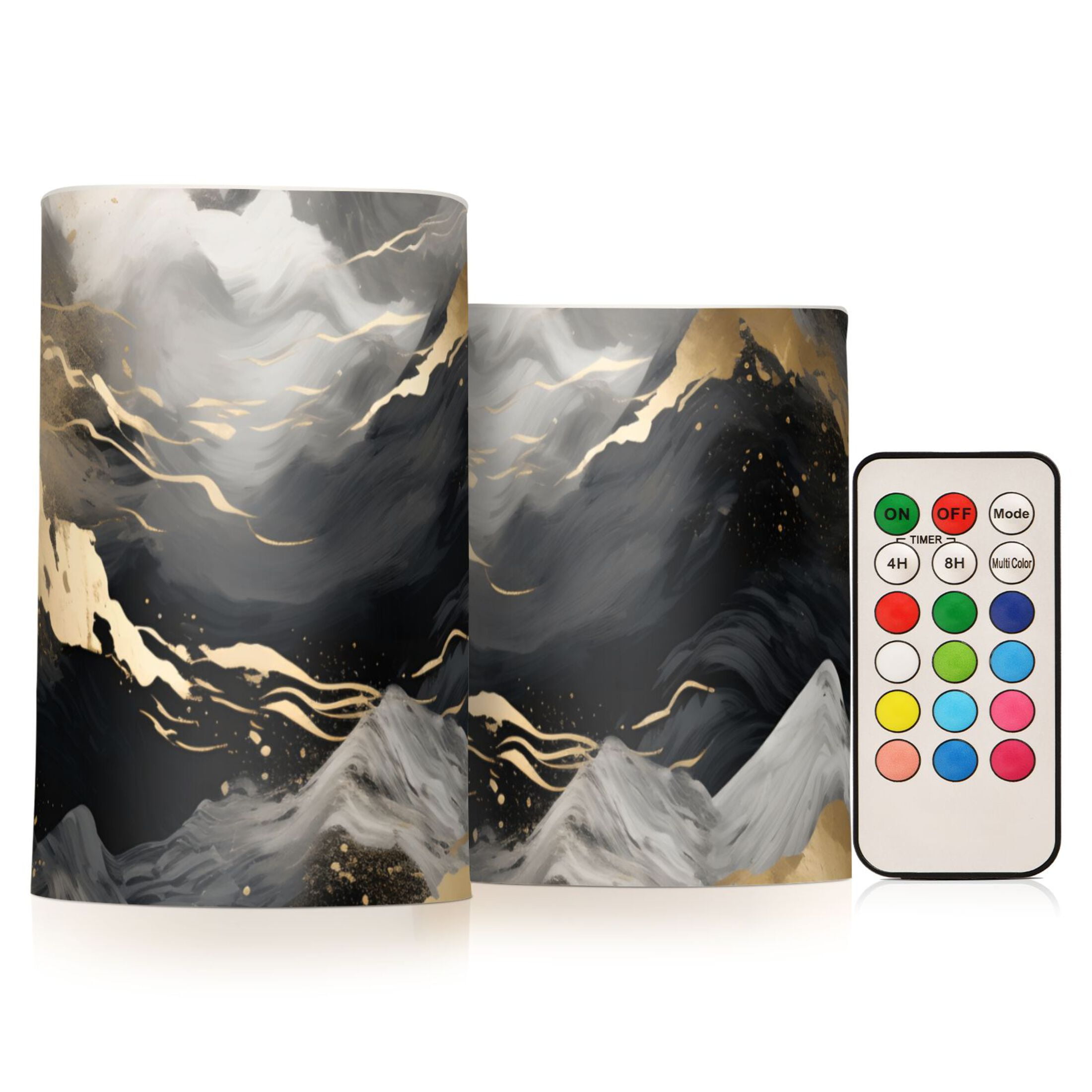 Gold Black White Marble Flickering Flameless LED Candles set of 2 Battery Operated 18-Key Remotes Timer Halloween Fall Decor D3''xH4''5''