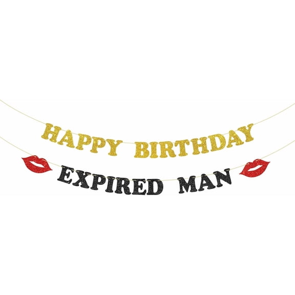 Gold, Black, and Red Glitter "Happy Birthday Expired Man" Banner with Lips Decorations, Funny Men's Birthday Party Supplies