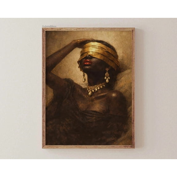 Gold Blindfold Portrait Wall Art Print, Baroque Glam Fashion Figure Vertical Gothic, Fashion Inspired Bedroom And Studio Decor