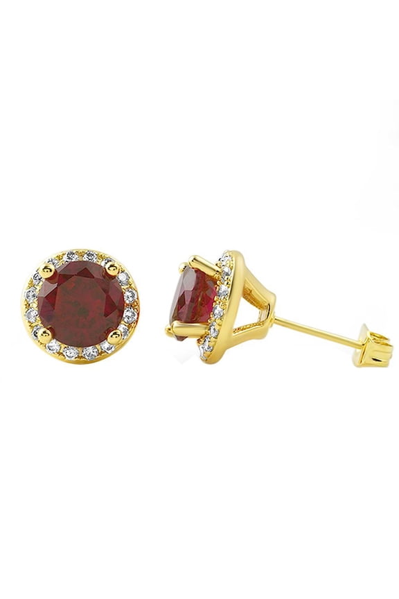 Gold Bling Bling Earrings Lab Ruby Micro Pave Halo